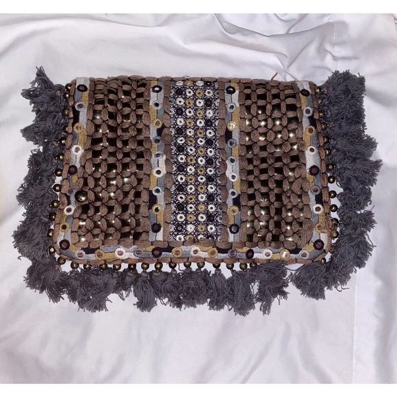 ibBan Anthropology Handmade Boho Beaded Fringe Crossbody Bag Gray - Picture 4 of 11